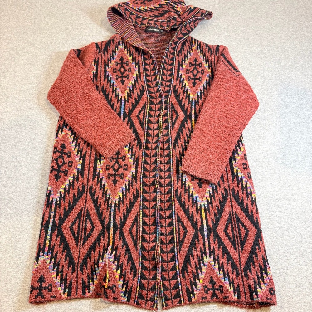 Creation Hooded Cardigan Sweater Womens XL Red Southwestern Aztec Open Front
